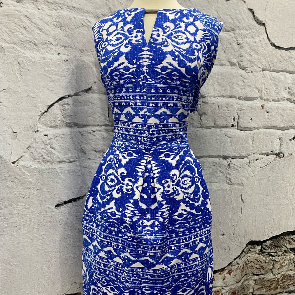 Danny & Nicole Ikat Damask Cobalt Blue White Sheath Dress - Picture 2 of 5